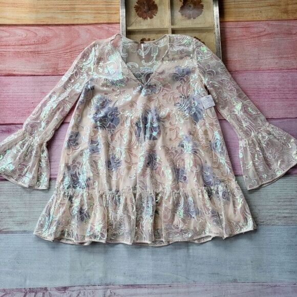 NWT Free People White Lace Falling Flower Frock Sequin Oversized Mini Dress S - Picture 1 of 11